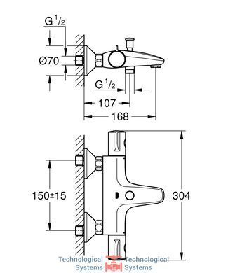 GROHE Grohtherm 800 Смеситель для ванны с термостатом 1/2 , настенный монтаж2